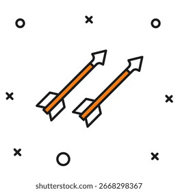 Icono de flechas medievales de contorno lleno aislado sobre fondo blanco. Arma medieval. Estilo de contorno relleno plano con sombra. Vector