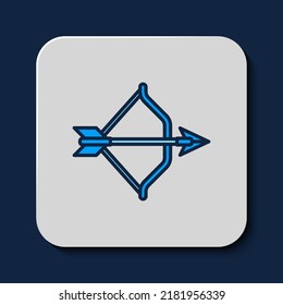 Filled outline Medieval bow and arrow icon isolated on blue background. Medieval weapon.  Vector
