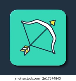 Filled outline Medieval bow and arrow icon isolated on blue background. Medieval weapon. Turquoise square button. Vector