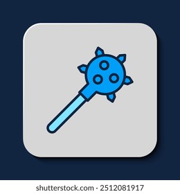 Filled outline Medieval chained mace ball icon isolated on blue background. Morgenstern medieval weapon or mace with spikes.  Vector