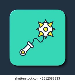 Gefüllter Umriss Mittelalterlich gekettet Mace Ball Symbol einzeln auf blauem Hintergrund. Morgenstern mittelalterliche Waffe oder Mace mit Spikes. Türkis-quadratischer Knopf. Vektorgrafik