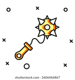 Filled outline Medieval chained mace ball icon isolated on white background. Morgenstern medieval weapon or mace with spikes. Flat filled outline style with shadow. Vector