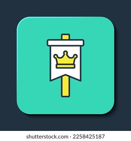 Filled outline Medieval flag icon isolated on blue background. Country, state, or territory ruled by a king or queen. Turquoise square button. Vector