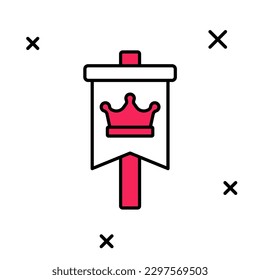 Filled outline Medieval flag icon isolated on white background. Country, state, or territory ruled by a king or queen.  Vector