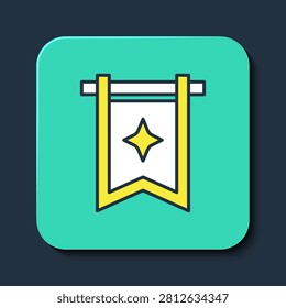 Filled outline Medieval flag icon isolated on blue background. Country, state, or territory ruled by a king or queen. Turquoise square button. Vector