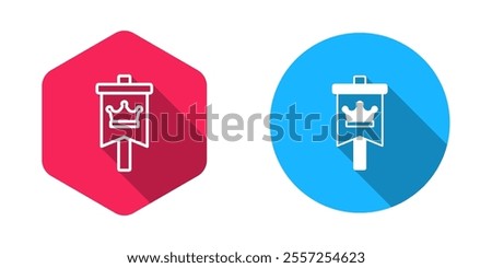 Filled and outline Medieval flag icon isolated with long shadow background. Country, state, or territory ruled by a king or queen.  Vector