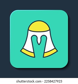 Filled outline Medieval iron helmet for head protection icon isolated on blue background. Knight helmet. Turquoise square button. Vector