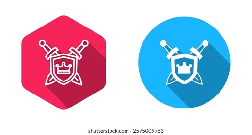 Filled and outline Medieval shield with crossed swords icon isolated with long shadow background.  Vector