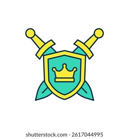 Filled outline Medieval shield with crossed swords icon isolated on white background.  Vector