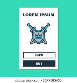 Filled outline Medieval shield with crossed swords icon isolated on turquoise background.  Vector