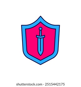 Filled outline Medieval shield with sword icon isolated on white background.  Vector