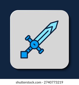 Filled outline Medieval sword icon isolated on blue background. Medieval weapon.  Vector