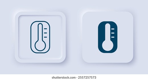 Filled and outline Meteorology thermometer measuring heat and cold icon isolated on grey background. Thermometer equipment showing hot or cold weather. Square button. Vector