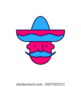 Contorno relleno Hombre mexicano con sombrero icono aislado sobre fondo blanco. Hombre hispano con bigote.  Vector