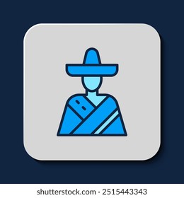 Preenchido esboço homem mexicano usando ícone de sombrero isolado no fundo azul. Hispânico com bigode.  Vetor