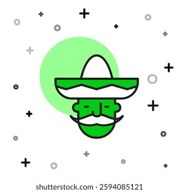 Filled outline Mexican man wearing sombrero icon isolated on white background. Hispanic man with a mustache.  Vector