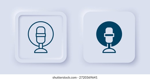 Gefülltes Mikrofon-Symbol und Umriss einzeln auf grauem Hintergrund. Radiomikrofon in der Luft. Lautsprecherzeichen. Quadratischer Knopf. Vektorgrafik
