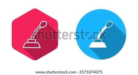 Filled and outline Microphone icon isolated with long shadow background. On air radio mic microphone. Speaker sign.  Vector