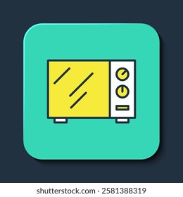 Filled outline Microwave oven icon isolated on blue background. Home appliances icon. Turquoise square button. Vector