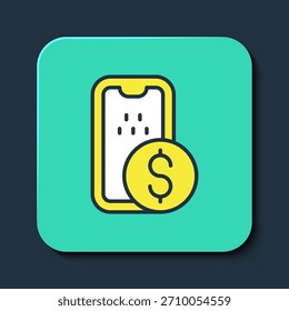 Descrição preenchida Ícone bancário móvel isolado no fundo azul. Transferir dinheiro através de banco móvel na tela do telefone celular. Botão quadrado turquesa. Vetor