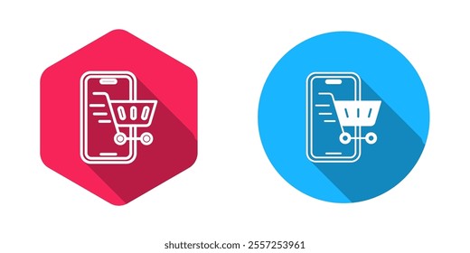 Filled and outline Mobile phone and shopping cart icon isolated with long shadow background. Online buying symbol. Supermarket basket symbol.  Vector