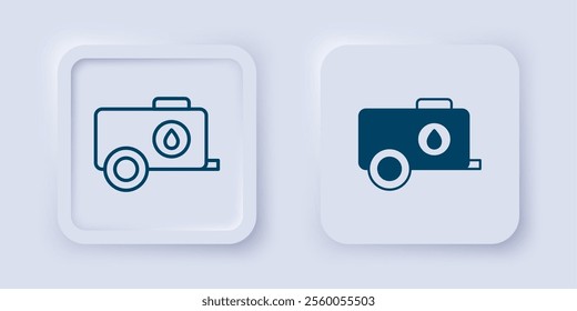 Filled and outline Mobile water tank - bowser icon isolated on grey background. Water tank delivering water. Square button. Vector