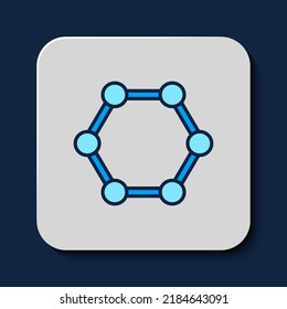 Icono de molécula de contorno relleno aislado en fondo azul. Estructura de moléculas en la química, profesores de ciencias afiche educativo innovador.  Vector