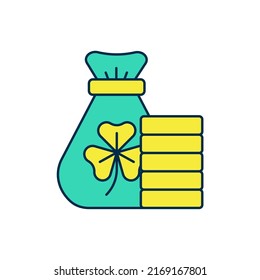Filled outline Money bag with clover trefoil leaf icon isolated on white background. Happy Saint Patricks day. National Irish holiday.  Vector