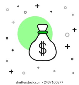Filled outline Money bag icon isolated on white background. Dollar or USD symbol. Cash Banking currency sign.  Vector
