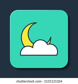 Filled outline Moon and stars icon isolated on blue background. Cloudy night sign. Sleep dreams symbol. Full moon. Night or bed time sign. Turquoise square button. Vector