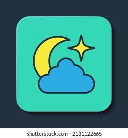 Filled outline Moon and stars icon isolated on blue background. Cloudy night sign. Sleep dreams symbol. Full moon. Night or bed time sign. Turquoise square button. Vector