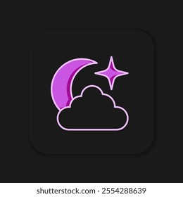 Filled outline Moon and stars icon isolated on black background. Cloudy night sign. Sleep dreams symbol. Full moon. Night or bed time sign. Flat filled outline style with shadow. Vector