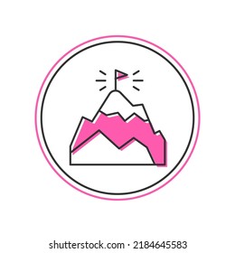 Umrissgebirge mit Fahne auf oberem Symbol einzeln auf weißem Hintergrund. Symbol des Sieges oder des Erfolgs-Konzepts. Zielerreichung.  Vektorgrafik