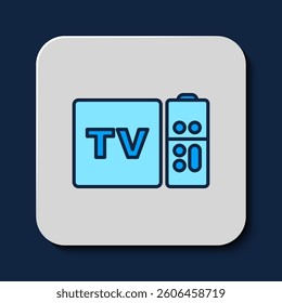 Filled outline Multimedia and TV box receiver and player with remote controller icon isolated on blue background.  Vector