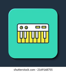 Filled outline Music synthesizer icon isolated on blue background. Electronic piano. Turquoise square button. Vector