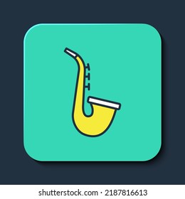 Filled outline Musical instrument saxophone icon isolated on blue background. Turquoise square button. Vector