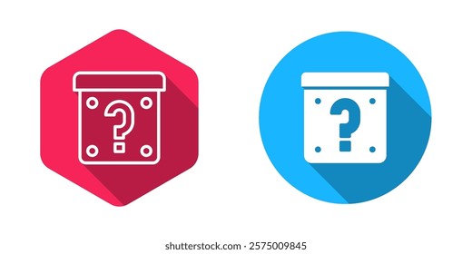 Filled and outline Mystery box or random loot box for games icon isolated with long shadow background. Question mark. Unknown surprise box.  Vector