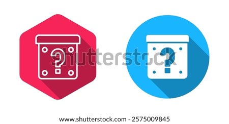 Filled and outline Mystery box or random loot box for games icon isolated with long shadow background. Question mark. Unknown surprise box.  Vector