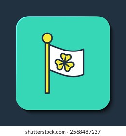 Filled outline National Ireland flag with clover trefoil leaf icon isolated on blue background. Happy Saint Patricks day. National Irish holiday. Turquoise square button. Vector