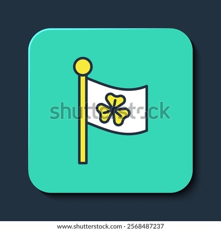 Filled outline National Ireland flag with clover trefoil leaf icon isolated on blue background. Happy Saint Patricks day. National Irish holiday. Turquoise square button. Vector