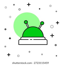 Icono de la cama y de las agujas de la aguja del contorno lleno aislado en el fondo blanco. Tema hecho a mano y costura.  Vector