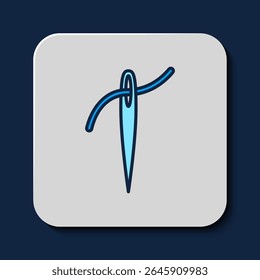 Filled outline Needle for sewing with thread icon isolated on blue background. Tailor symbol. Textile sew up craft sign. Embroidery tool.  Vector
