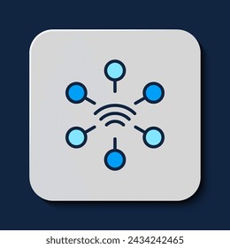 Filled outline Network icon isolated on blue background. Global network connection. Global technology or social network. Connecting dots and lines.  Vector