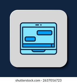 Filled outline New chat messages notification on laptop icon isolated on blue background. Smartphone chatting sms messages speech bubbles.  Vector