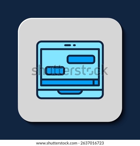 Filled outline New chat messages notification on laptop icon isolated on blue background. Smartphone chatting sms messages speech bubbles.  Vector