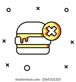 Filled outline No burger icon isolated on white background. Hamburger icon. Cheeseburger sandwich sign. Fast food menu. Flat filled outline style with shadow. Vector