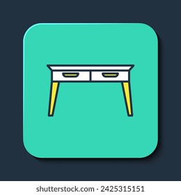 Filled outline Office desk icon isolated on blue background. Turquoise square button. Vector