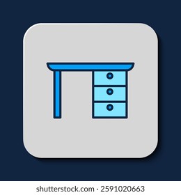 Filled outline Office desk icon isolated on blue background.  Vector
