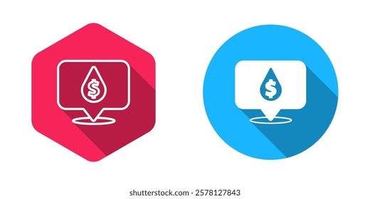 Filled and outline Oil drop with dollar symbol icon isolated with long shadow background. Oil price. Oil and petroleum industry.  Vector