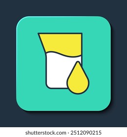 Filled outline Oil petrol test tube icon isolated on blue background. Cmemistry flask and falling drop. Turquoise square button. Vector